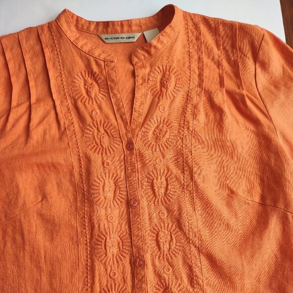 e-col-o-gie Tops - ecologie Embroidered Linen Blouse 3/4 Sleeve V-Neck Burnt Orange Size Medium